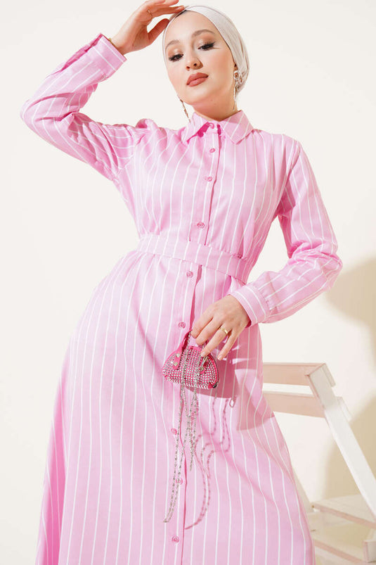 Boydan Düğmeli Kuşaklı Çizgili Elbise Pembe