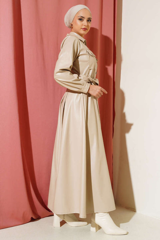 Robe En Cuir Ceinturée Boutonnée Beige