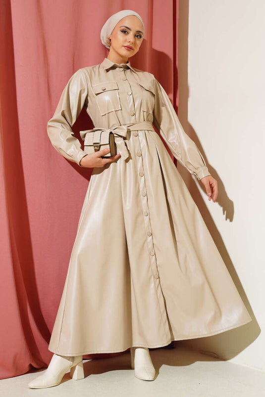 Robe En Cuir Ceinturée Boutonnée Beige