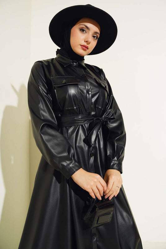 Robe En Cuir Ceinturée Boutonnée Noir