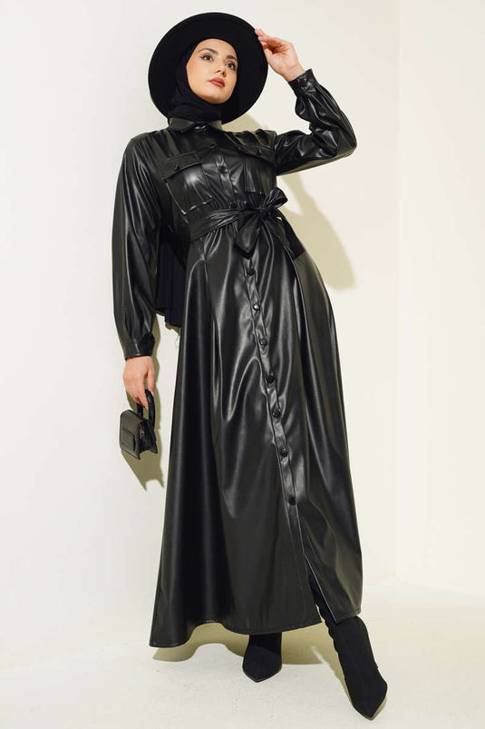 Robe En Cuir Ceinturée Boutonnée Noir