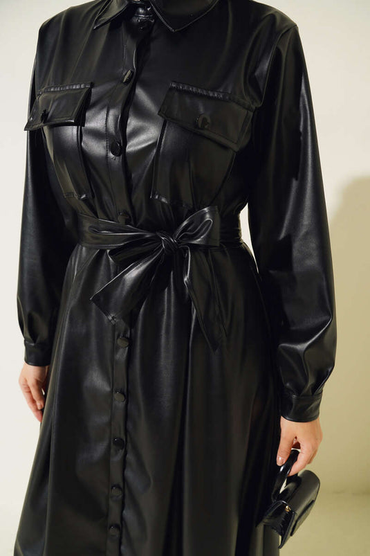 Robe En Cuir Ceinturée Boutonnée Noir