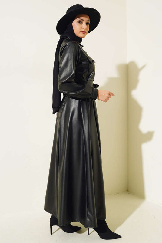 Robe En Cuir Ceinturée Boutonnée Noir