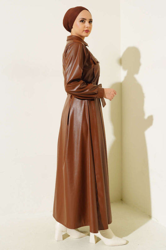 Robe En Cuir Ceinturée Boutonnée Tan