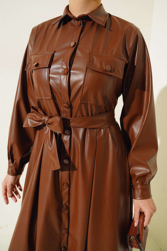 Robe En Cuir Ceinturée Boutonnée Tan