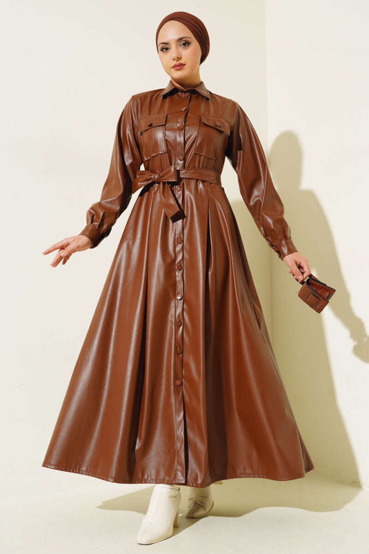 Robe En Cuir Ceinturée Boutonnée Tan