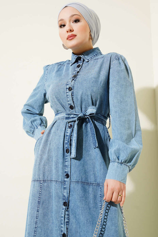 Buttoned Boyfriend Belted Shirt Collar Dress Denim Blue