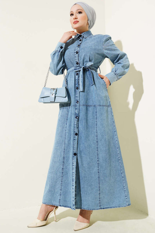 Robe chemise boutonnée à ceinture et col en jean bleu