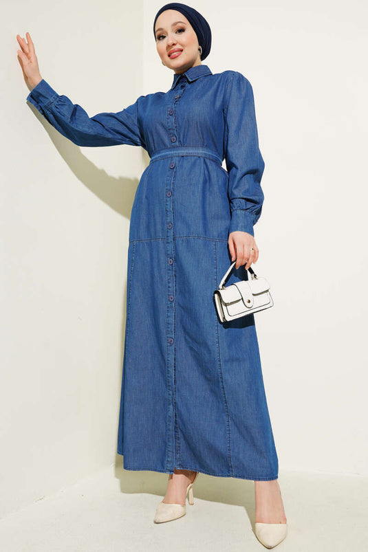 Buttoned Belted Shirt Collar Dress Dark Blue