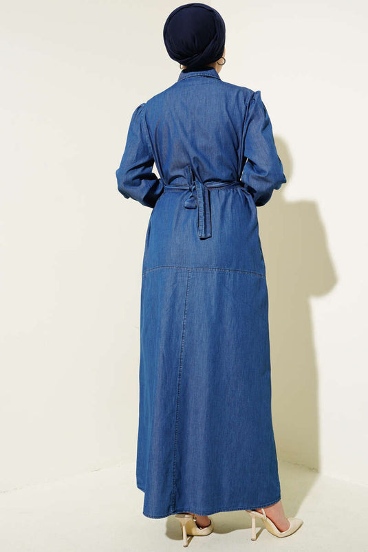 Buttoned Belted Shirt Collar Dress Dark Blue