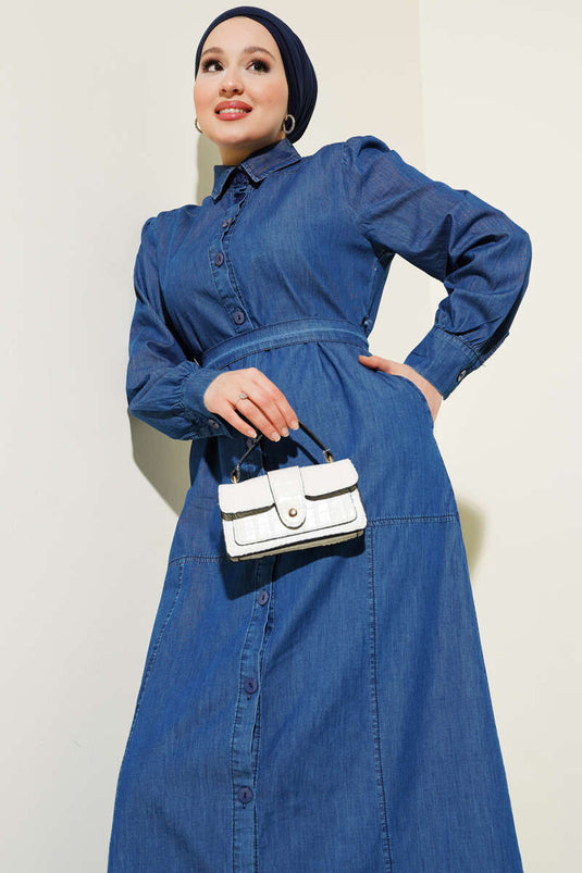 Buttoned Belted Shirt Collar Dress Dark Blue