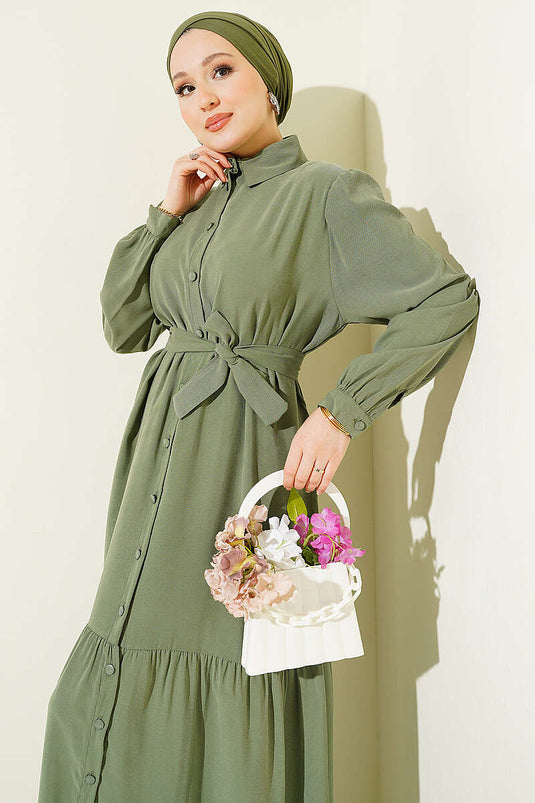 Robe en Tencel boutonnée avec ceinture vert avocat