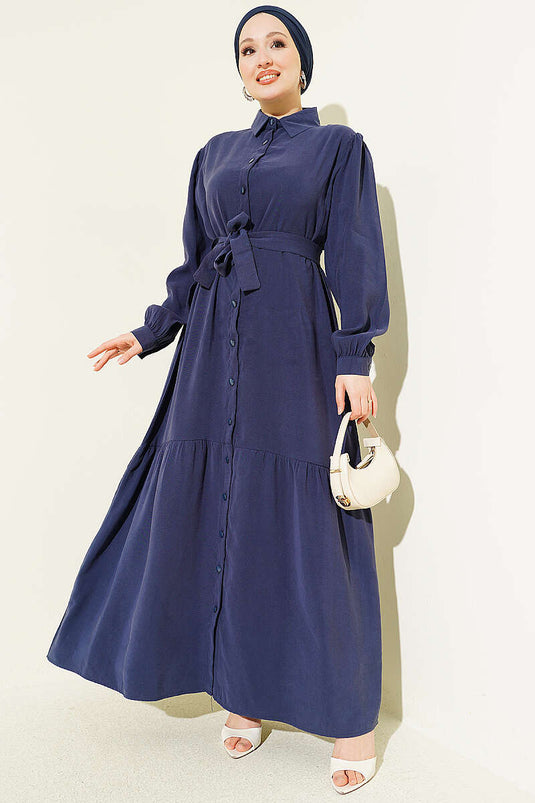 Robe en Tencel avec ceinture et boutons, bleu marine