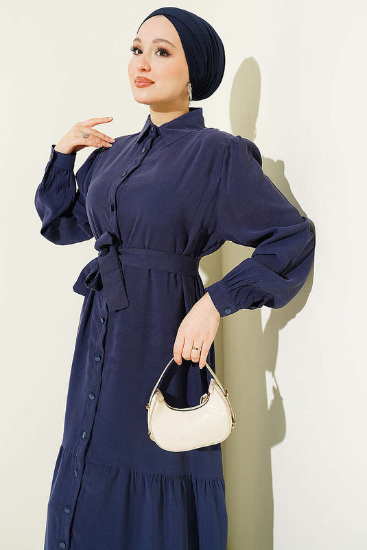 Robe en Tencel avec ceinture et boutons, bleu marine