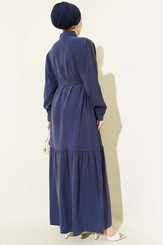 Robe en Tencel avec ceinture et boutons, bleu marine