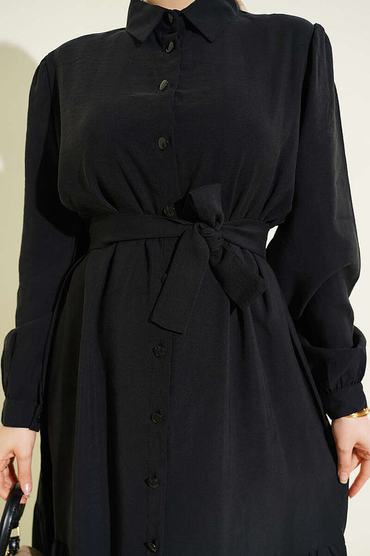 Abito lungo con cintura e bottoni in tencel nero