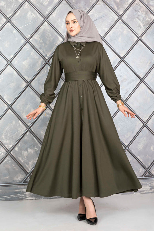 Geknöpftes Hijab-Kleid mit Gürtel, Khaki