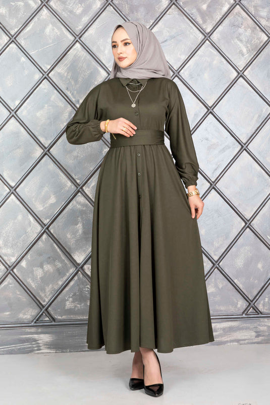 Geknöpftes Hijab-Kleid mit Gürtel, Khaki