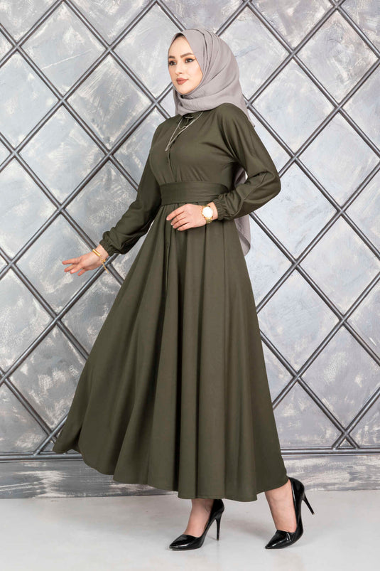 Geknöpftes Hijab-Kleid mit Gürtel, Khaki