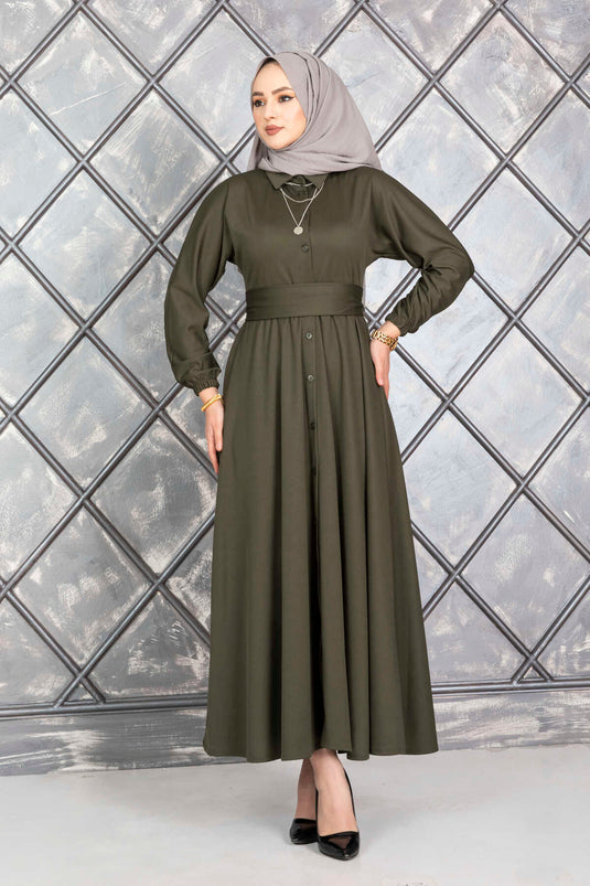 Geknöpftes Hijab-Kleid mit Gürtel, Khaki