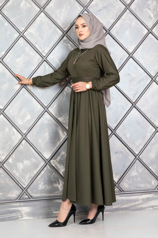 Geknöpftes Hijab-Kleid mit Gürtel, Khaki