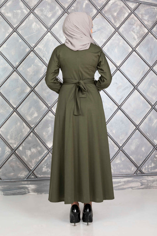 Geknöpftes Hijab-Kleid mit Gürtel, Khaki