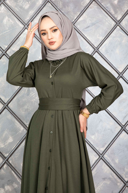 Hijabjurk met knoopsluiting en riem, kaki