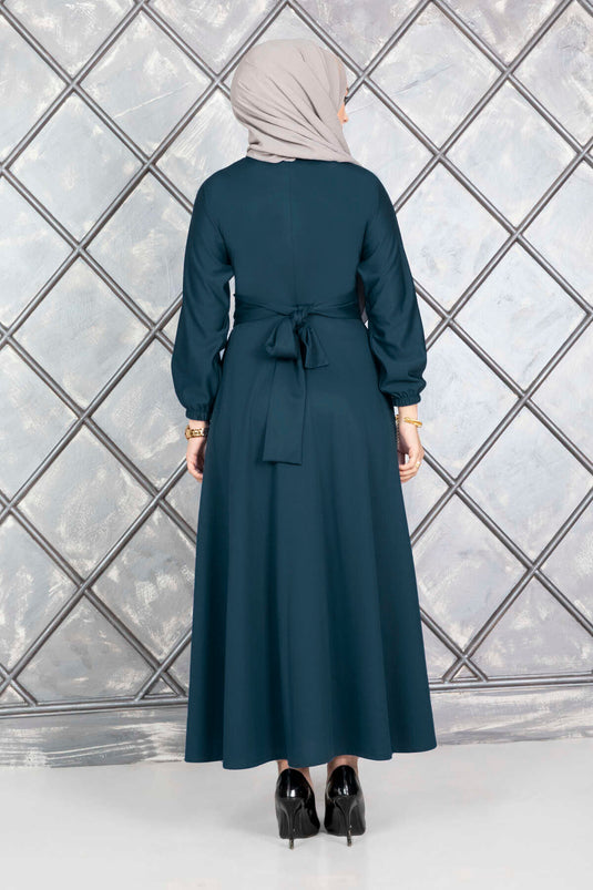 Robe hijab boutonnée et ceinturée, couleur pétrole