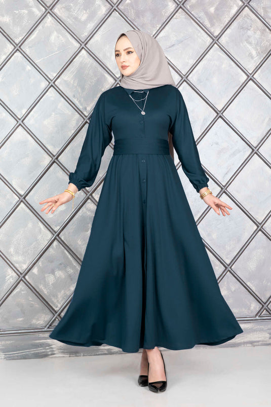Robe hijab boutonnée et ceinturée, couleur pétrole