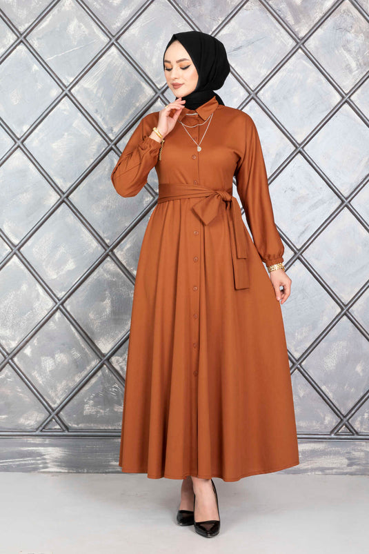 Buttoned Belted Modest Dress in Tan