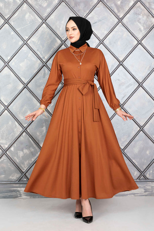 Buttoned Belted Modest Dress in Tan