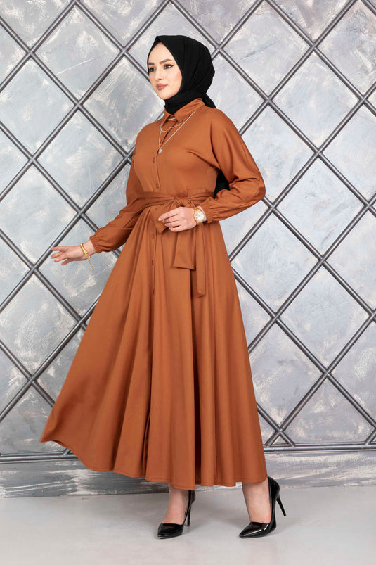 Buttoned Belted Modest Dress in Tan