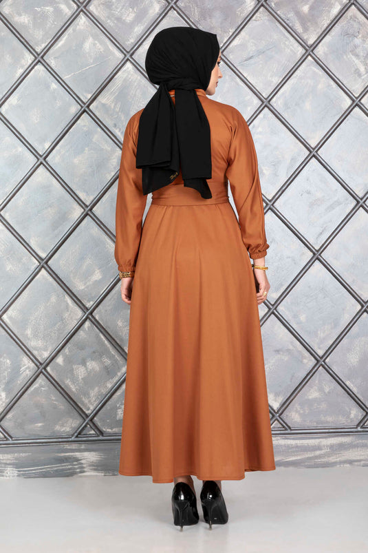 Buttoned Belted Modest Dress in Tan