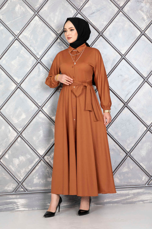 Buttoned Belted Modest Dress in Tan