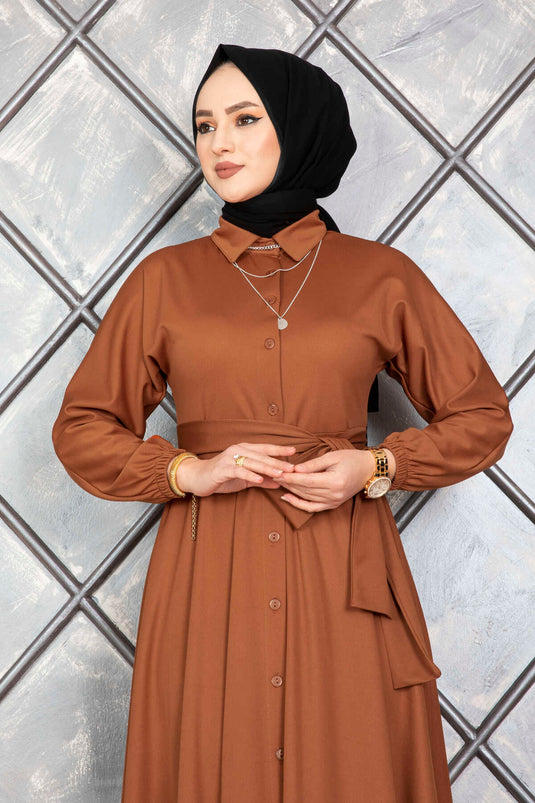 Buttoned Belted Modest Dress in Tan