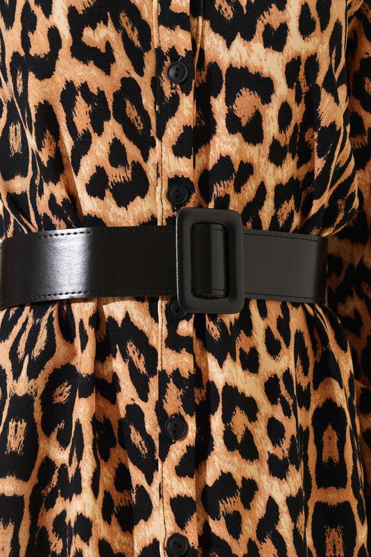 Leopard Pattern Midi Dress with Buttons at the End, Camel