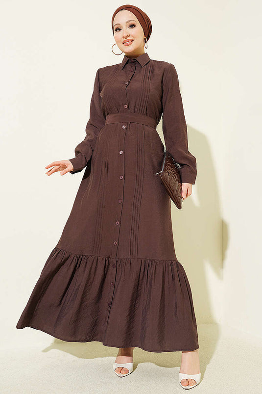 Robe côtelée boutonnée intégralement marron