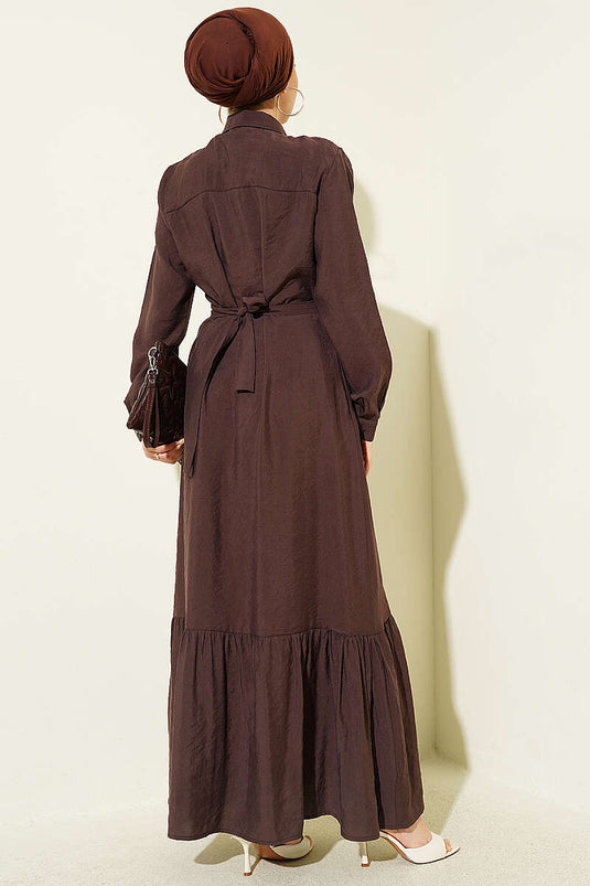 Robe côtelée boutonnée intégralement marron