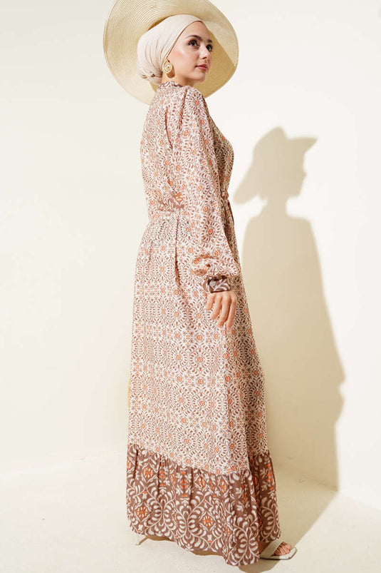 Boydan Düğmeli Retro Desen Elbise Kahve