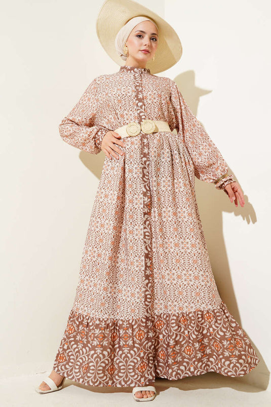 Boydan Düğmeli Retro Desen Elbise Kahve
