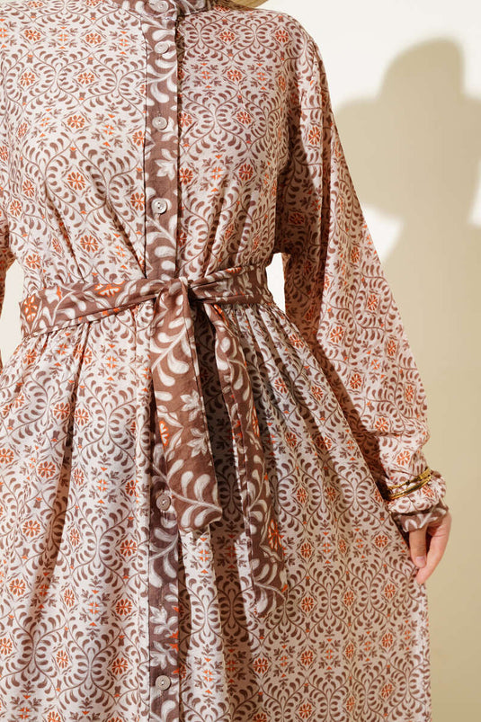 Boydan Düğmeli Retro Desen Elbise Kahve