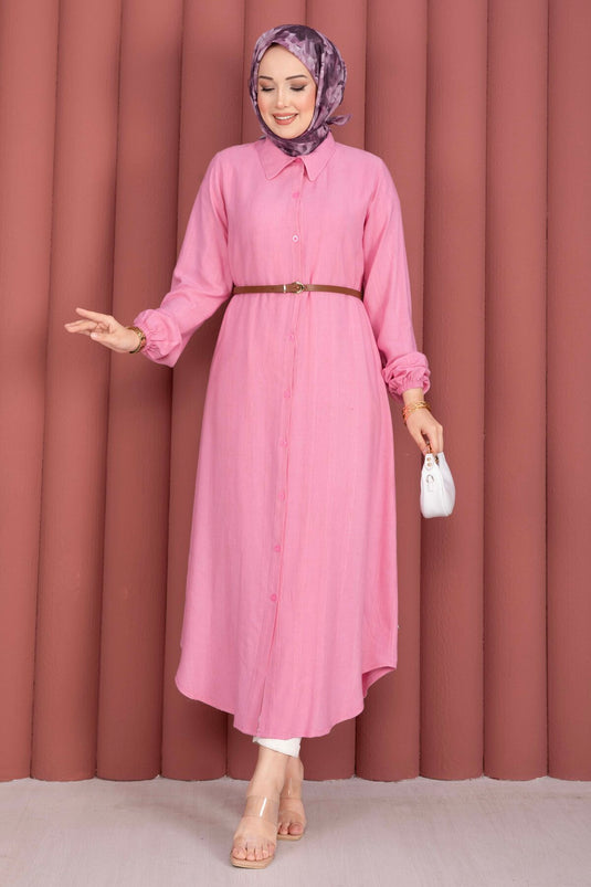 Boydan Düğmeli Salaş Gömlek Tunik Pembe