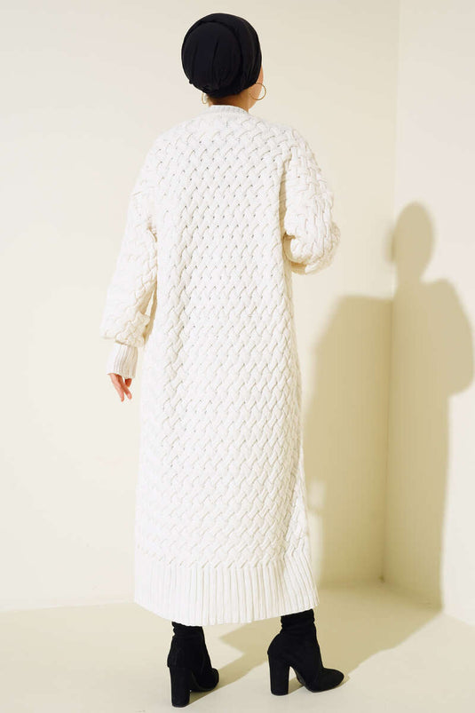 Gilet long en maille panier avec boutons sur toute la longueur, écru