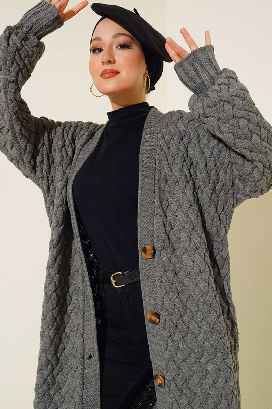 Gilet long en maille panier avec boutons sur toute la longueur, couleur fumée