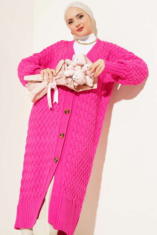 كارديجان طويل محبوك بأزرار باللون الفوشيا