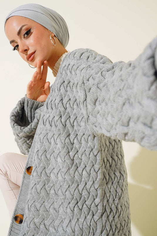 Basket Knit Long Cardigan with Buttons Throughout Gray