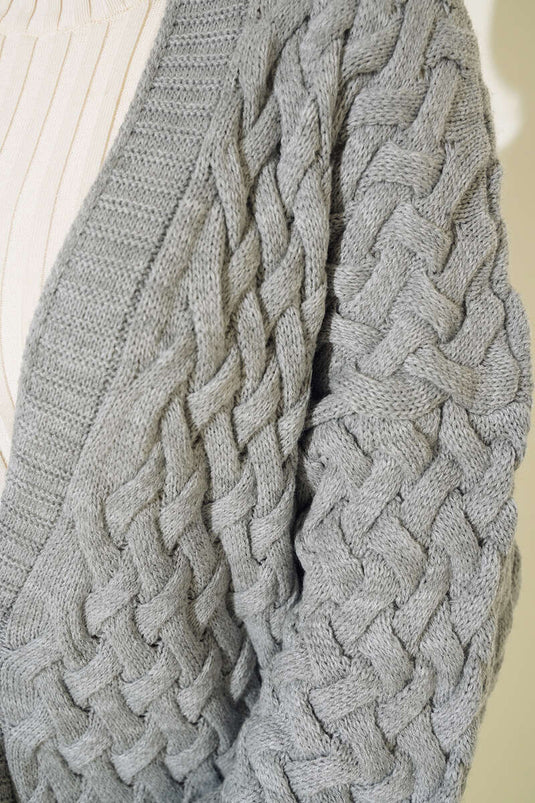 Basket Knit Long Cardigan with Buttons Throughout Gray