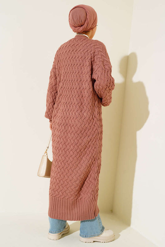 Basket Knit Long Cardigan with Buttons All Along Dusty Rose