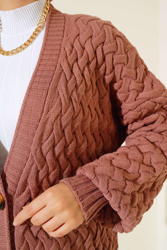 Basket Knit Long Cardigan with Buttons All Along Dusty Rose