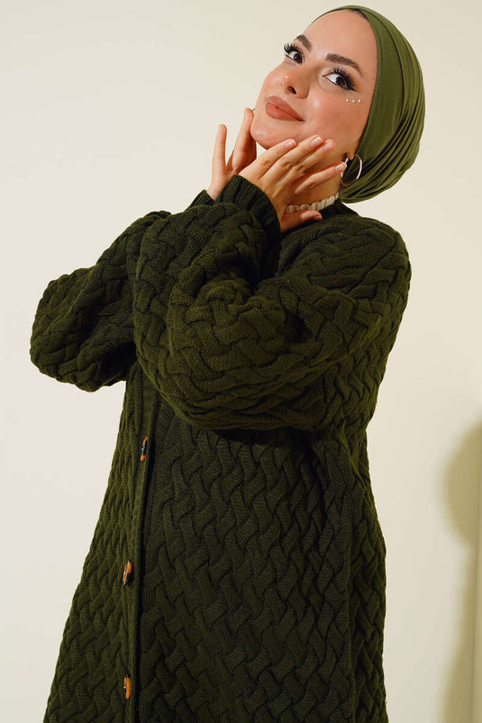 Buttoned Down Basket Knit Long Cardigan Khaki